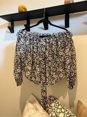 Misa Los Angeles Navy and White Floral Off-the-Shoulder Tie-Front Blouse